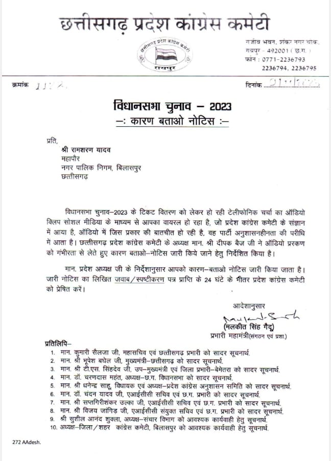 <em>पीसीसी ने बिलासपुर महापौर यादव को नोटिस थमाया</em>
